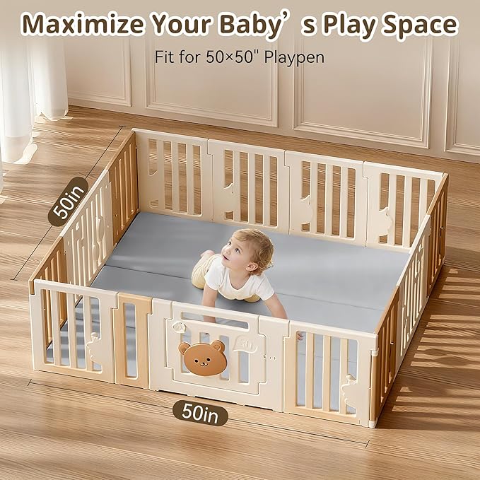 Baby Play Mat, 48 x 48 Inch Foldable PU Leather Waterproof Playpen Mat, 1.6" Extra Thick Foam Floor Mat for Infants and Toddlers, Non-slip Toddler Activity Playmat Cushion, Light Grey