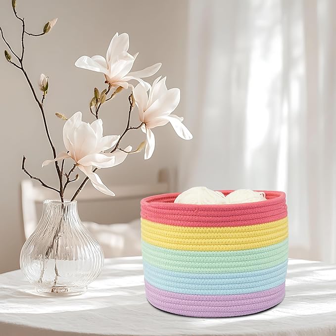Woven Cotton Rope Storage Baskets - 3-Pack Round Bins for (10x10x7'') Shelves, Closets & Bookcases | Durable Rope Organizers for Nursery, Baby, Gifts, Easter & More (rainbow)