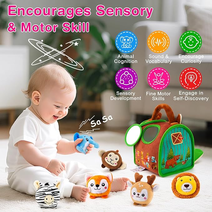 Montessori Sensory Toys for Babies 6-12 Months & Toddlers 1-3 Year Old - Educational Stuffed Animal Set with Rattle, Crinkle & Safe Mirror for Baby Kids & Boy Girl Birthday Gifts