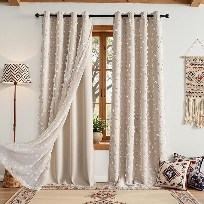 MYSKY HOME Beige Curtains for Bedroom 72 Inches Long Nursery Curtains Pom Pom Beige Sheer Curtains for Girls Room Double Layer for Toddler Bedroom Grommet Room Darkening Window Panels 52 x 72 Inch