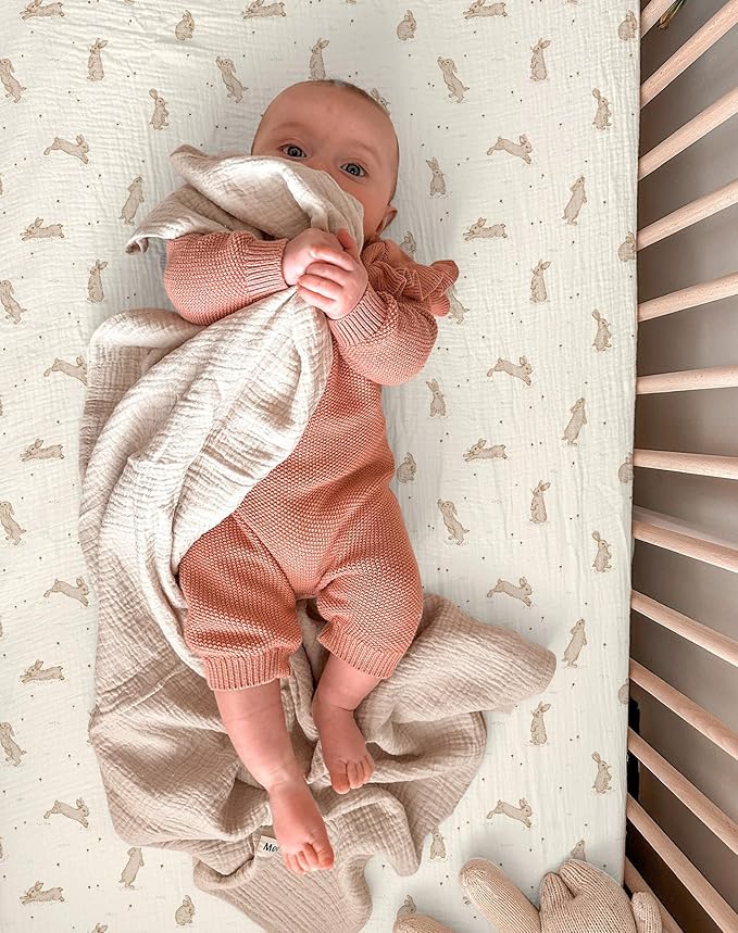 Pack and Play Sheets for Baby Boy and Girl 2 Pack, Neutral Muslin Cotton Pack N Play Mattresses Sheet 27"x39", Muslin Nursery Bedding Soft and Breathable Comfort (Hopping Bunnies & Beige)