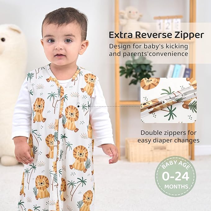 FIEMOL Baby Sleep Sack 12-18 Months, 0.5 TOG Wearable Blanket for Baby Boy and Girl, 2-Way Zipper Toddler Sleeping Bag 2 Pack, Lightweight Sleep Sacks Green Lion（Large）