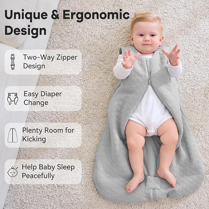 Unnivoll Baby Sleep Sack 0-6 Months TOG 2.5 Winter Baby Wearable Blanket, 100% Cotton Fabric Newborn Infant Sleeping Sack 2-Way Zipper Quilted Baby Sleep Bag, Warm Soft Grey