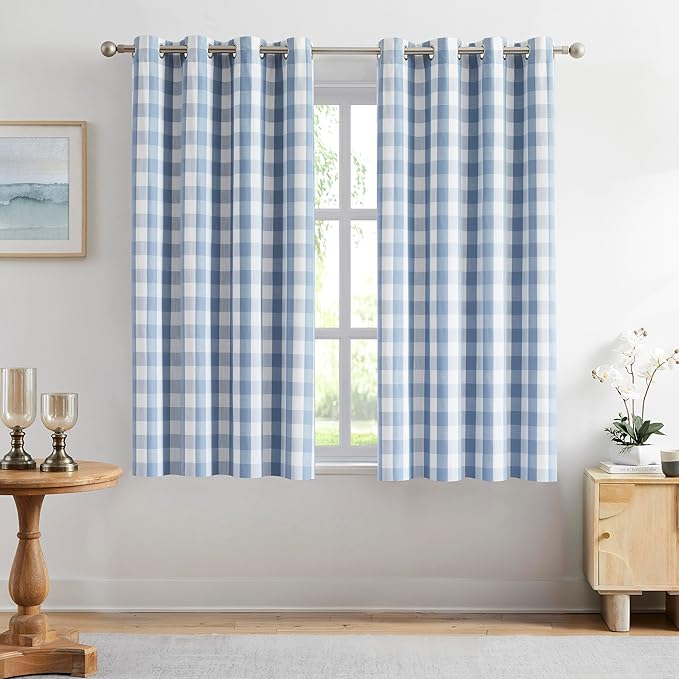 Amzdecor Buffalo Check Plaid Full Blackout Window Curtains 63 Inches Long for Bedroom Noise Reducing Total Room Darkening Grommet Drapes,Vintage Farmhouse Window Treatment,2 Panels,52"x63",Blue White