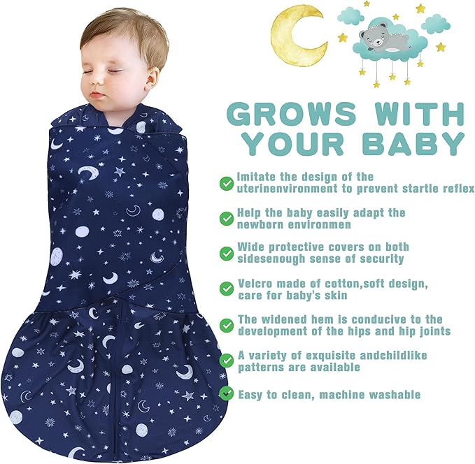 BSTOPPT Newborn Sleep Sack Baby Swaddle,Swaddle me 0-3 Month,3-Way Adjustable Wearable Blanket,100% Rayon Cotton Swaddling Sleeping Bag，TOG 0.5 (Starry Sky, 0-3 Months)