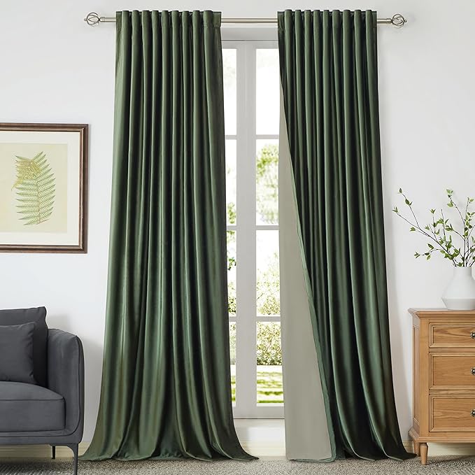 PRIMROSE Full Blackout Olive Green Velvet Curtains 102 inch Long for Living Room,2 Liner Rod Pocket Back Tab Thermal Window Curtains Room Darkening Heavy Decorative Curtain Drapes for Bedroom