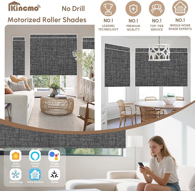 Kincmo No Drill Motorized Blinds with Remote, 100% Blackout Roller Shades for Windows, Custom Electric Blinds Compatible with Alexa, Apple Homekit, Google Home (100% Blackout Dual Sided Black)