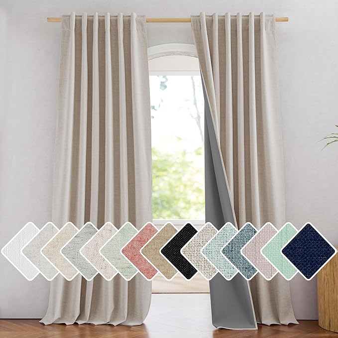 NICETOWN Rod Pocket Full Blackout Natural Linen Curtains 108" Length with Thermal Insulated Liners for Living Room, Farmhouse Style Keep Cool & Warm Large Window Drapes for Hall (2 Panels, 52" Wide)