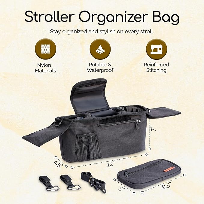 Universal Stroller Organizer Bag with 2 Insulated Cup Holder, Durable Detachable Phone Bag and Shoulder Strap – Fits for Pet Stroller Caddy, Uppababy, Baby Jogger, Britax, Doona, Nuna