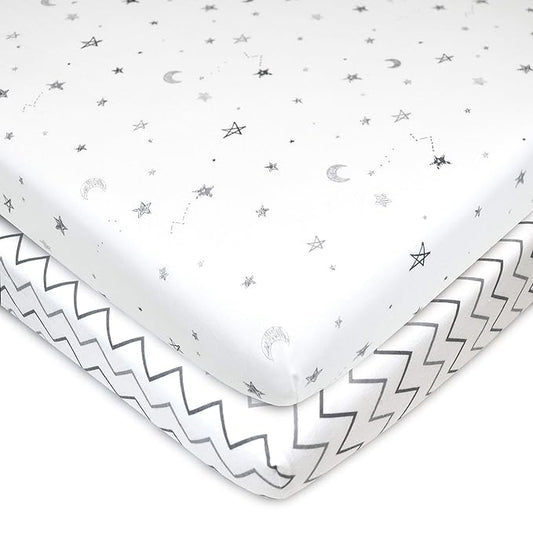 American Baby Company 2 Pack 100% Natural Cotton Fitted Mini Crib Sheets 38" x 24" - Soft & Breathable Small Nesting Portable Sheets, Fits Pack N Play Mattresses, Gray Stars/Zigzag, for Boys & Girls