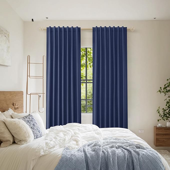 Guken 100% Blackout Curtains 90 Inch Length 2 Panels Set for Living Room Bedroom Back Tab Thermal Insulated Black Out Linen Drapes Room Darkening Window Curtains 90 Inches Long,Classic Blue
