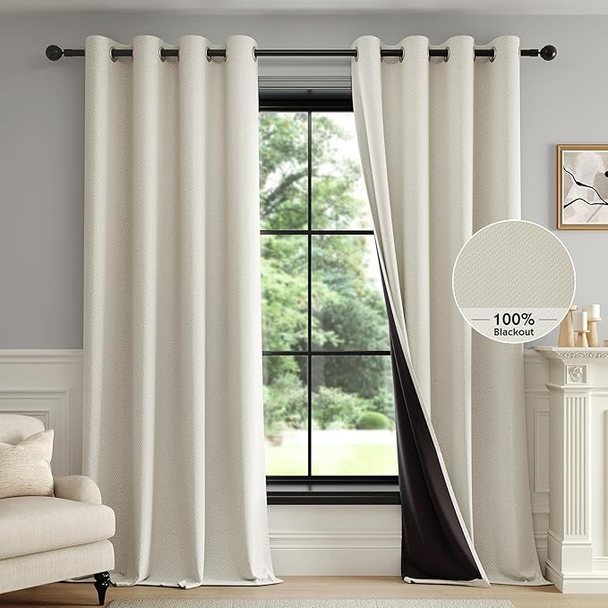 FMFUNCTEX 100% Beige Blackout Curtains for Bedroom, Cream Weave Textured Curtains 72 Inches Long Thermal Insulated Curtains for Living Room, Farmhouse Drapes Grommet Room Darkening 2 Panels