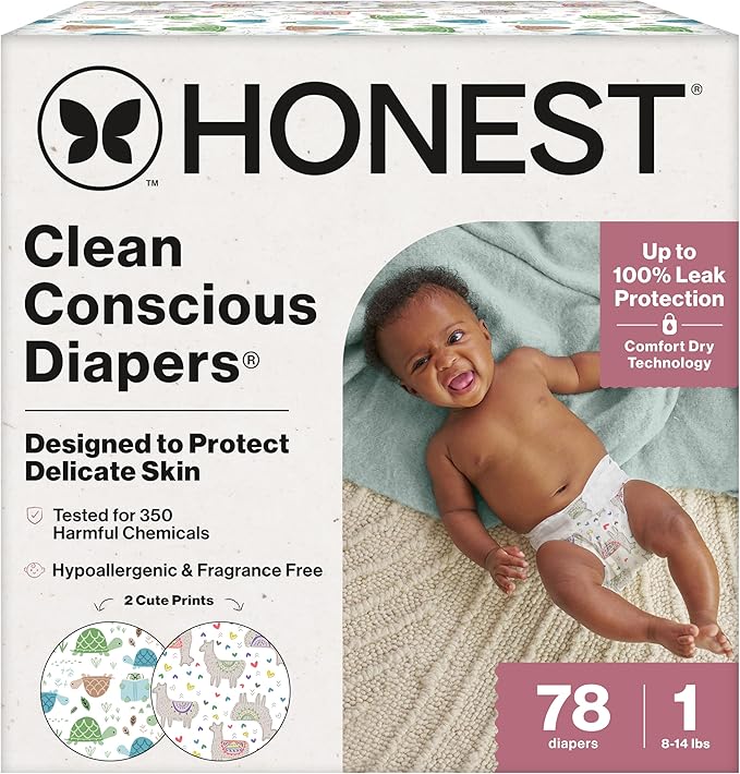 The Honest Company Comfort Dry Disposable Diapers for Sensitive Skin, Hypoallergenic, All The Alpacas + Turtle Time, Club Box Size 1 (8-14 lbs) 78 Count