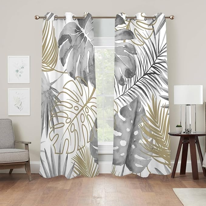 Renaiss Tropical Leaf Blackout Curtains, Gray Palm Monstera Leaf Thermal Insulated Bedroom Window Curtains, Botanical Plants Window Curtains for Kitchen, 45" L x 29" W 2 Panel Set