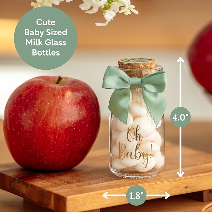 Ethisa Vintage 12 Pack Oh Baby Woodland Milk Glass Bottles with Ribbons and Stickers - Classy Baby Shower Favors for Guests and Table Centerpieces - Gender Neutral Eucalyptus Decoration - Safari Theme