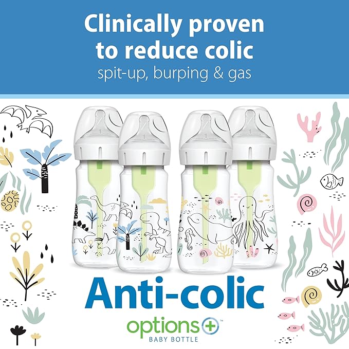 Dr. Brown’s Natural Flow® Anti-Colic Options+™ Wide-Neck Baby Bottle Designer Edition Bottles, Dinosaur and Ocean Design, 9 oz/270 mL, Level 1 Nipple, 4-Pack, 0m+
