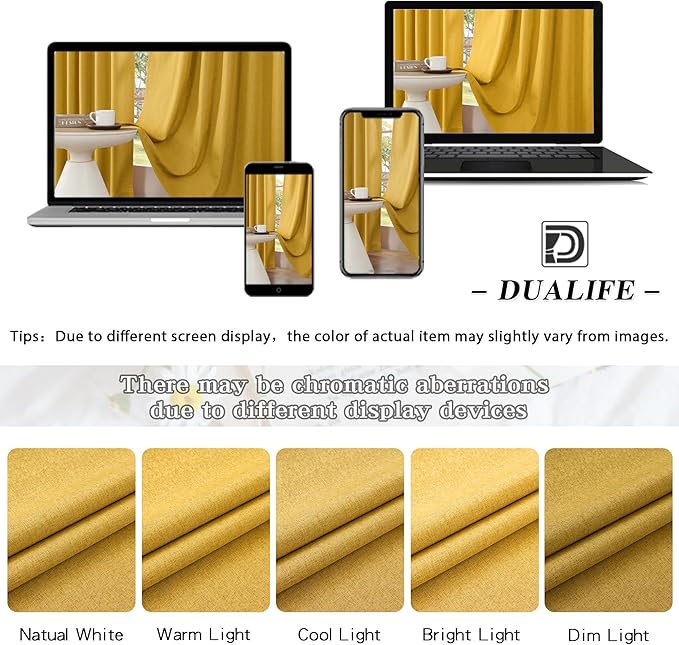 DUALIFE Gold Yellow Blackout Linen Curtains 96 Inches Long Back Tab Heat Full Light Block Out Curtains 2 Panels for Bedroom Windows Textured Long Draperies Floor to Ceiling Length 8 Ft W50 x L96