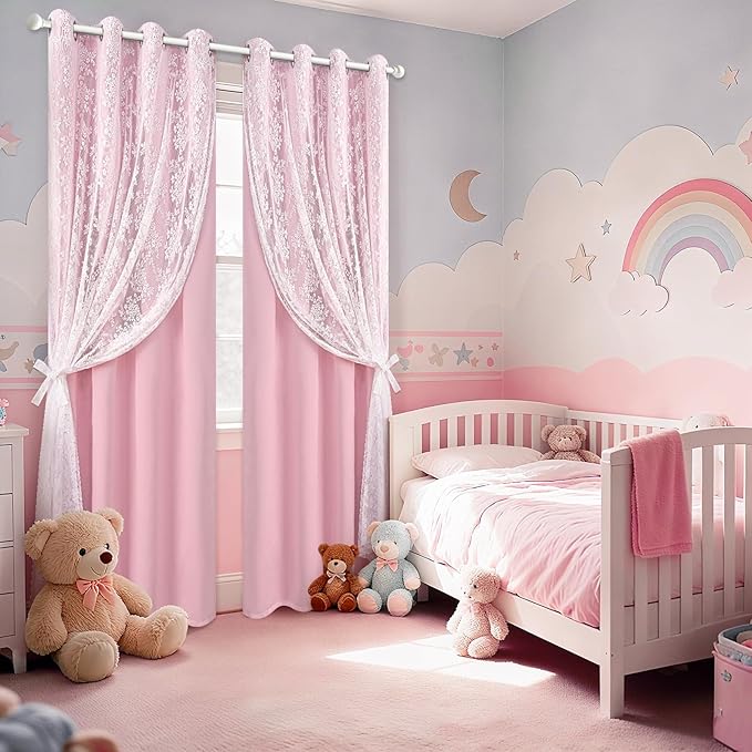 Yinhua Pink Curtains for Girls Room Double Layer Blackout Curtains for Bedroom 84 Inches Long Nursery Curtain for Living Room, Grommet Drapes with Tiebacks, 52" W x 84" L