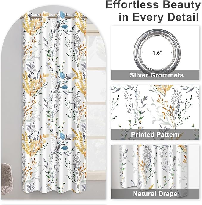 Floral Black Out Curtains 63 Inch Long, Patterned Blackout Curtains for Bedroom and Living Room, Farmhouse Privacy Soundproof Room Darkening Drapes 2 Panels Set, Thermal Curtains for Winter Insulated