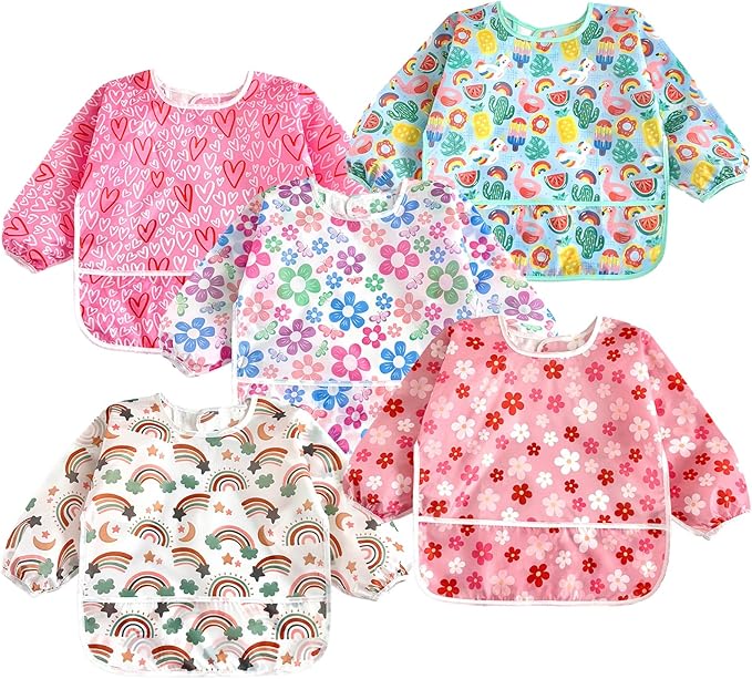 PandaEar 5 Pack Baby Long Sleeve Bibs| Waterproof Full Sleeve Bib for Baby Infant Toddler 6-36 Months