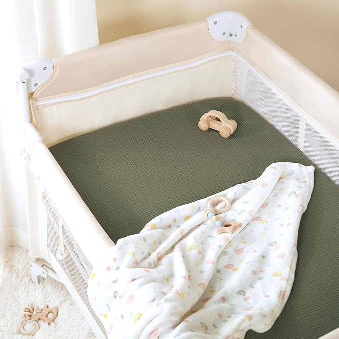 TILLYOU Muslin Mini Crib Sheets 2 Pack, Pack and Play Mattress Sheets Fitted for Pack N Play, 38 x 26 Sheet for Toddler, Forest Green and Light Green