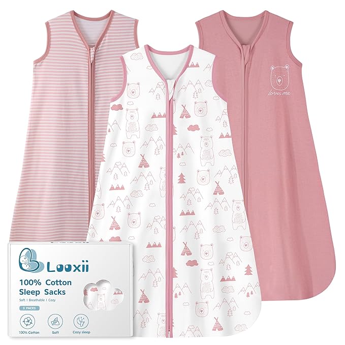 Looxii Baby Sleep Sack 0.5 TOG, 100% Cotton 3 Pack Wearable Blanket Baby Sleep Bag for Newborn Infant, 2-Way Zipper Lightweight Toddler Sleeping Sack 6-12 Months