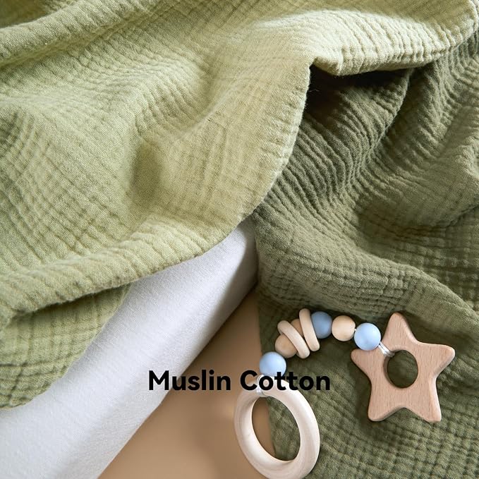 TILLYOU Muslin Mini Crib Sheets 2 Pack, Pack and Play Mattress Sheets Fitted for Pack N Play, 38 x 26 Sheet for Toddler, Forest Green and Light Green