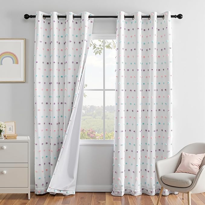 MEETSKY 100% Blackout Curtains for Kids Bedroom 90 Inch Length 2 Panels,Full Light Blocking Curtains for Living Room Grommet Thermal Insulated 2 Layered Drapes with Rainbow Pom Pom Sheer 52"W x 90"L
