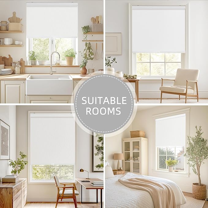 ChrisDowa Cordless Blackout Roller Shades for Windows, Striped Free-Stop Window Blinds with Privacy, Thermal Insulated Window Shades for Home, Office and Door. White, 75" W x 72" H