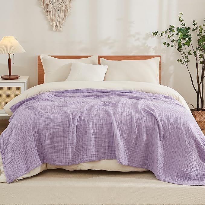 EMME Cotton Blanket Queen Size for Bed Soft Large Muslin Bed Blankets 90"x90" Lightweight Breathable All Season Gauze, Lavender