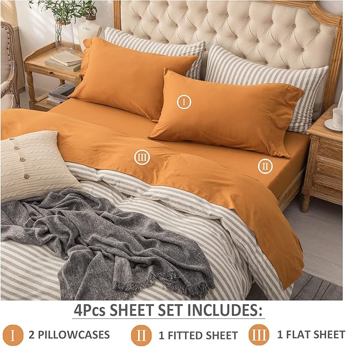 PURE ERA Jersey Knit 4pc Bed Sheet Set 100% T-Shirt Heather Cotton Super Soft Comfy Breathable Fits Mattress Up to 20" Extra Deep Pocket (Solid Burnt Orange, King)