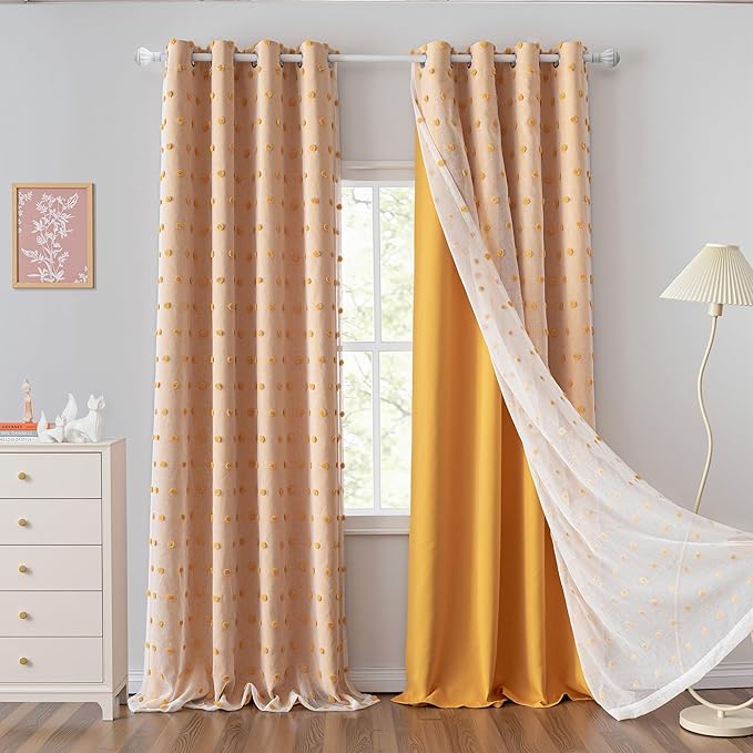 MYSKY HOME Yellow Pom Pom Sheer and Curtains for Bedroom 72 Inches Long Nursery Curtains for Kids Room 2 Layered Blackout Closet Door Drapes Grommet Room Darkening Window Panels 52 x 72 in, 2 Panels