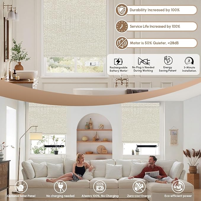 Kincmo No Drill Motorized Blinds with Remote, 100% Blackout Roller Shades for Windows, Custom Electric Blinds Compatible with Alexa, Apple Homekit, Google Home (100% Blackout Starscape Cream)