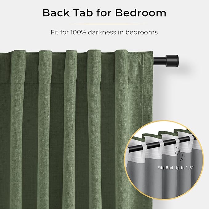 INOVADAY 100% Blackout Curtains for Bedroom, Black Out Curtains 108 Inch Long, Clip Rings Linen Blackout Drapes, Thermal Insulated Room Darkening for Living Room, 2 Panels - Moss Green,W50xL108