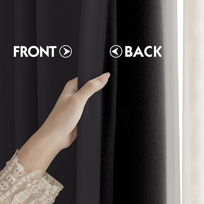 FMFUNCTEX 100% Blackout Curtains for Bedroom, Black Curtains 90 Inches Long Textured Thermal Insulated Curtains for Living Room Drapes, Black Out Drapery Grommet Room Darkening 2 Panels