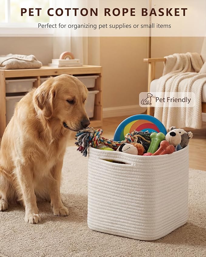 Cube Storage Bin 11" x 10.5" x 10.5" Cotton Rope Basket Square Woven Storage Basket for Shelves, Closet Organizer, Soft Towel Sock Basket, White, 1 Pack