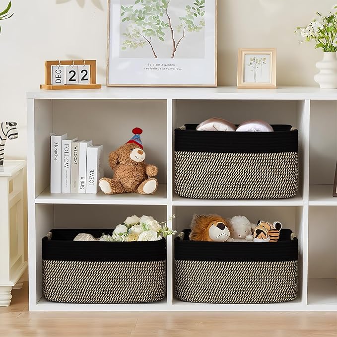 4 Pack Large Storage Basket for Organizing, 17.5"x13.5"x7.5" Woven Basket for Shelves, Closet Cube Storage Bins with Wrapped Handle, Cotton Rope Baskets for Kitchen, Clothes, Toys(Black & Brown)