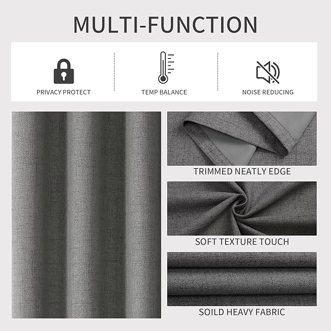 Joydeco Dark Grey Black Out Curtains 72 Inch Long 2 Panels Set, Curtains 100% Blackout Room Darkening Drapes for Bedroom, Textured Drapes with Grommets for Living Room Windows