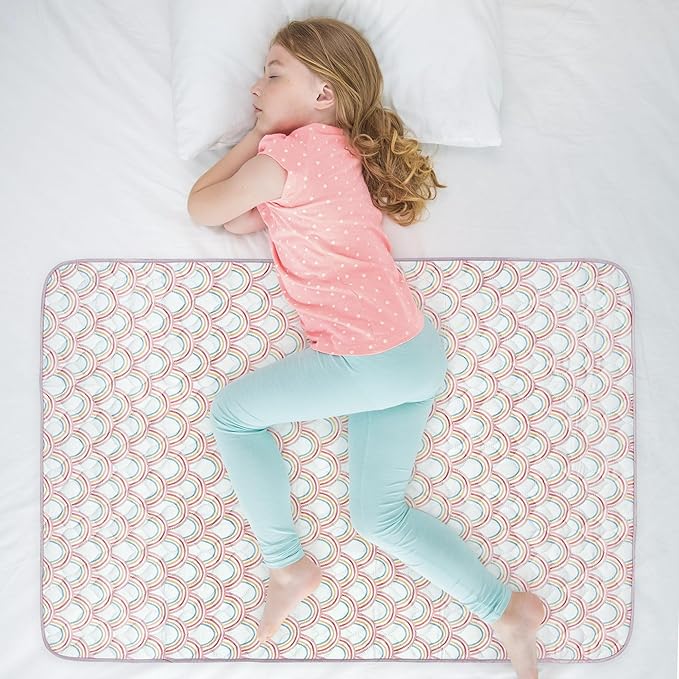 WOVENX Organic Incontinence Pads for Kids & Toddlers - 5 Layer Waterproof Protectors for Overnight Bed Wetting - Reusable & Washable Pee Pads - Fits Twin to Full Size Beds - 34" x 52" Rainbow