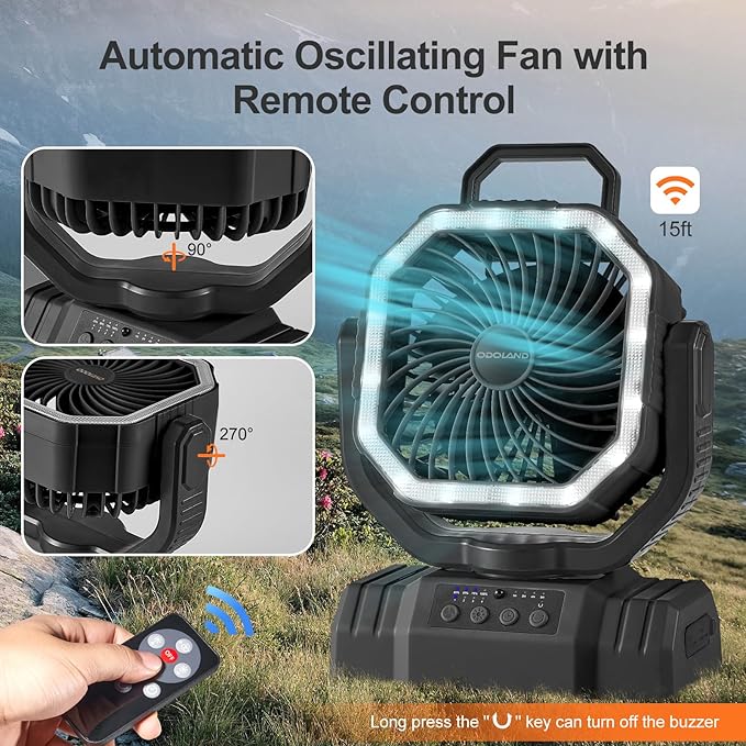 Odoland Portable Camping Fan with LED Lantern, 20000mAh Rechargeable Battery Powered Fan with Auto Oscillation, Timer, Remote, 360° Rotation Hook, 4 Speeds for Power Outage Travel Home, Black