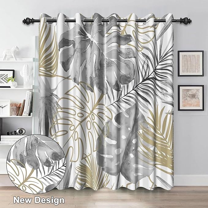 Renaiss Tropical Leaf Blackout Curtains, Gray Palm Monstera Leaf Thermal Insulated Bedroom Window Curtains, Botanical Plants Window Curtains for Kitchen, 45" L x 29" W 2 Panel Set
