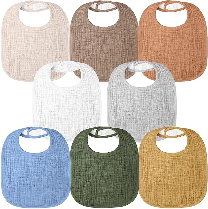 Bearmoss Baby Muslin Drooling Bibs 100% Cotton Square Adjustable Bibs Gift for Baby Girls Boys Teething Drool 8 Pack