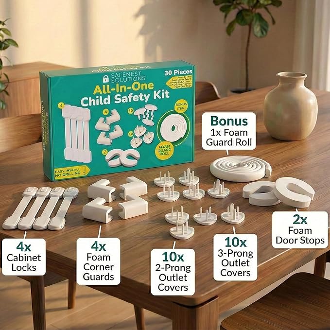 SAFENEST All-in-One Child Safety Kit 30pc, Ultimate Bundle, No Drilling Easy Install, Home Baby Proofing Essentials, Corner Guards, Outlet Covers, Cabinet Locks, Door Stops