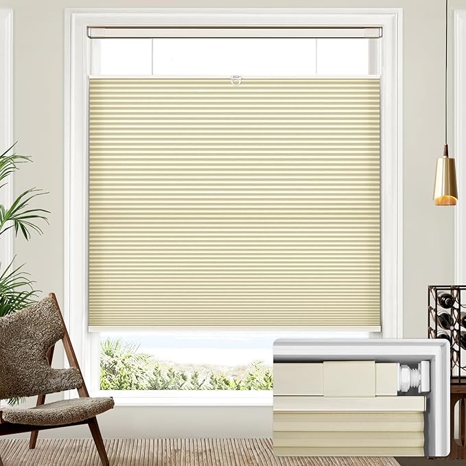 Lazblinds Upgraded Top Down Bottom Up (TDBU) Honeycomb Blinds, No Drill No Tools Easy Install Cordless Cellular Shades for Windows 30" W x 64" H, Beige - Light Filtering