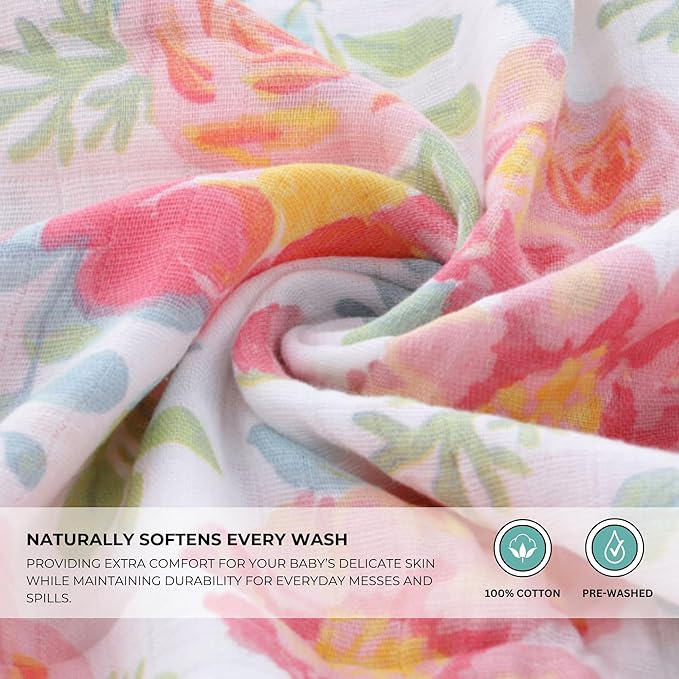Featherhead™ 5-Pack Muslin Burp Cloths for Baby Girl Large 22" X 11" - Ultra Soft & Extra Absorbent Cotton Terry Backing (Garden Floral)