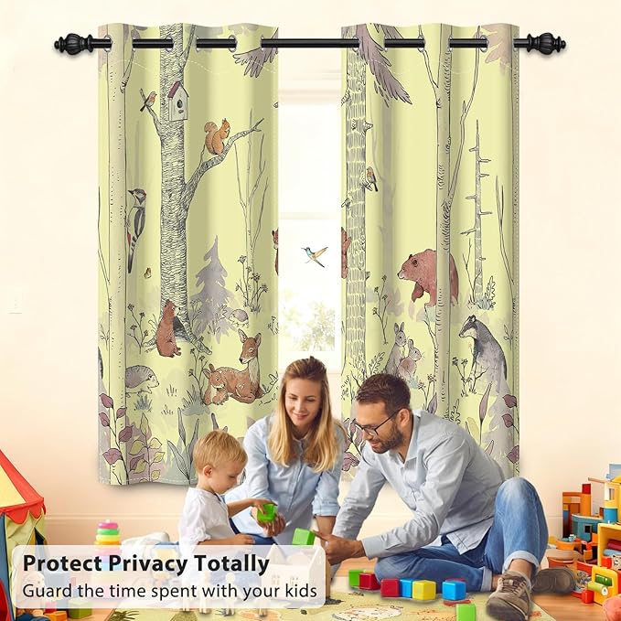 Kids Blackout Curtains for Nursery, Boy's Woodland Animal Print Curtains for Bedroom, Cartoon Room Darkening Window Drapes 2 Panels Set, Yellow, 42W x 63L