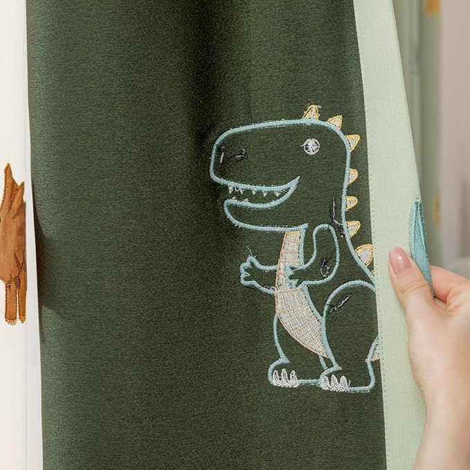 KMSG Cartoon Dinosaur Kids Curtains with Blackout Liner Embroidery Nursery Curtains for Children Boys Baby Bedroom Living Room Grommet Top Room Darkening Window Drapes 1 Panel (Green,W52 x L84 Inch)