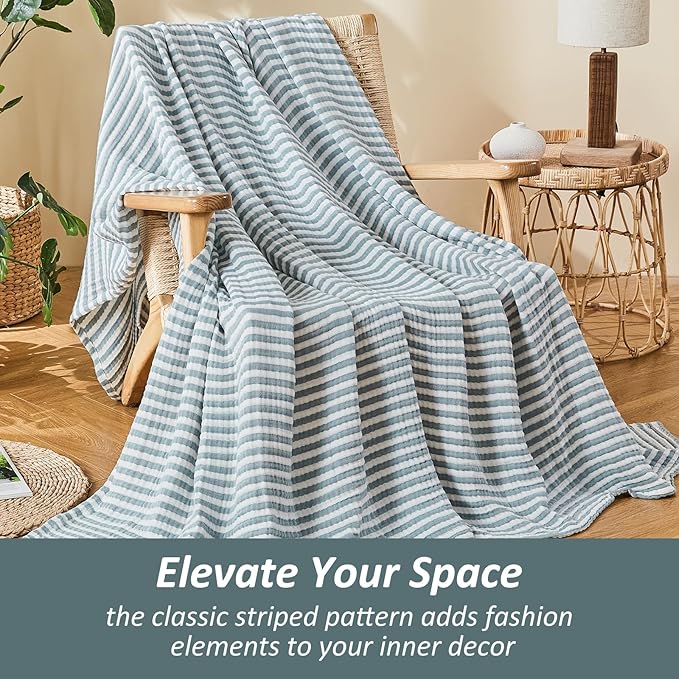 EMME Cotton Muslin King Blanket Bed Layering Bedspread Coverlet Breathable Gauze Soft Lightweight (Striped Teal, 108"x90")