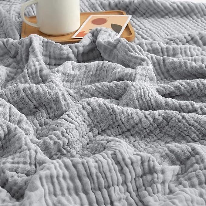 EMME Cotton Blanket Queen Size for Bed Soft Large Muslin Bed Blankets 90"x90" Lightweight Breathable Blanket All Season Gauze, Light Grey