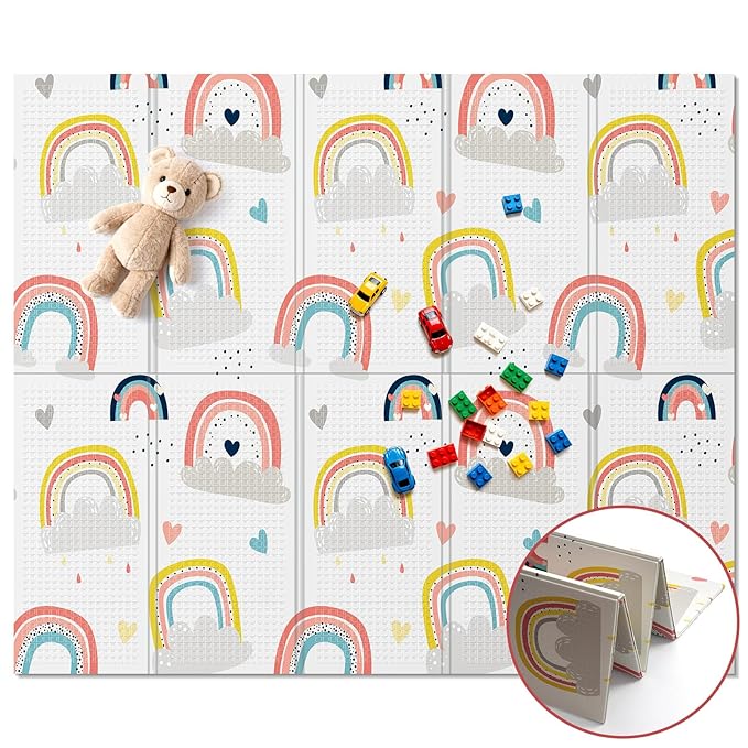 71x59 Foldable Baby Play Mat, Foam and Waterproof Playmat for Floor, Babies Activity Tummy Time Playmats, Portable & Anti-Slip Crawling Mats, Reversible Portable Floor Mat for kids, Infant, Toddler(Rainbow)